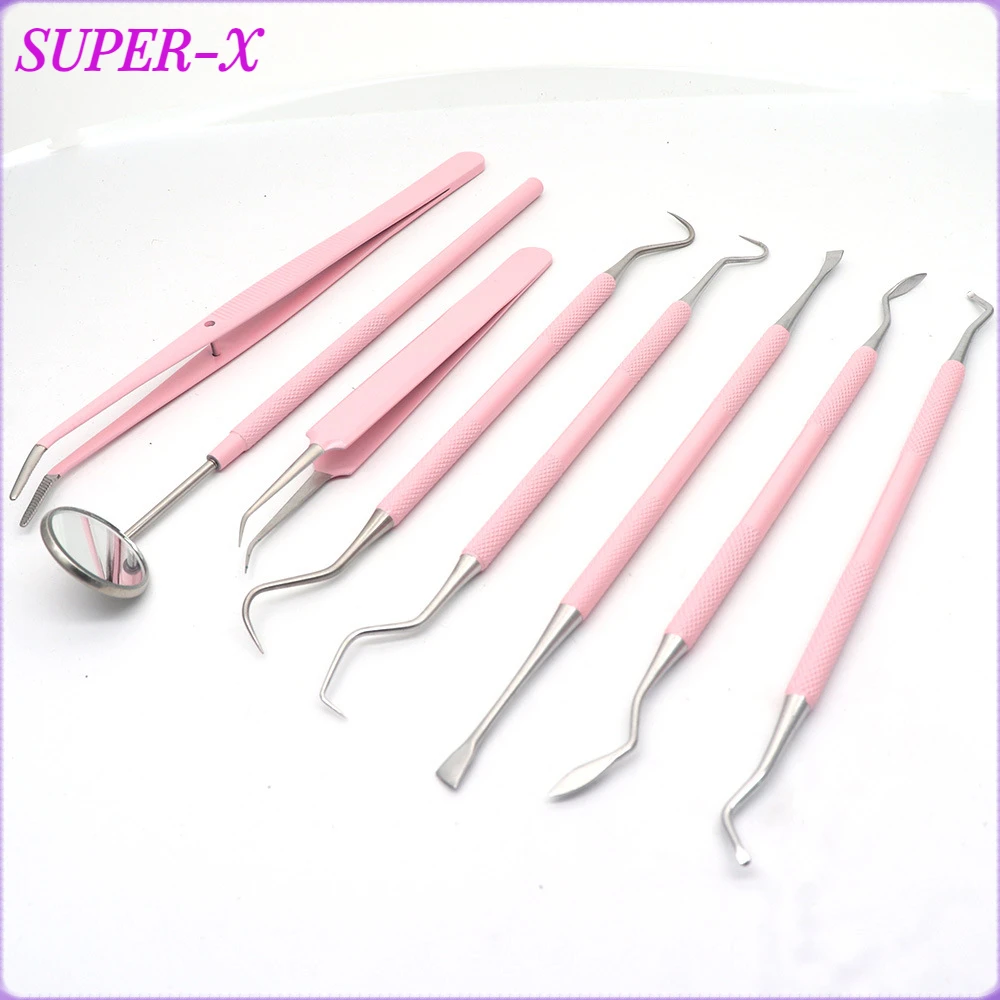 8pcs/set Pink Color Dental Mouth Mirror Tweezers Probe Stainless Steel Double Heads Hygiene Explorer Probe Hook Dentist Tool