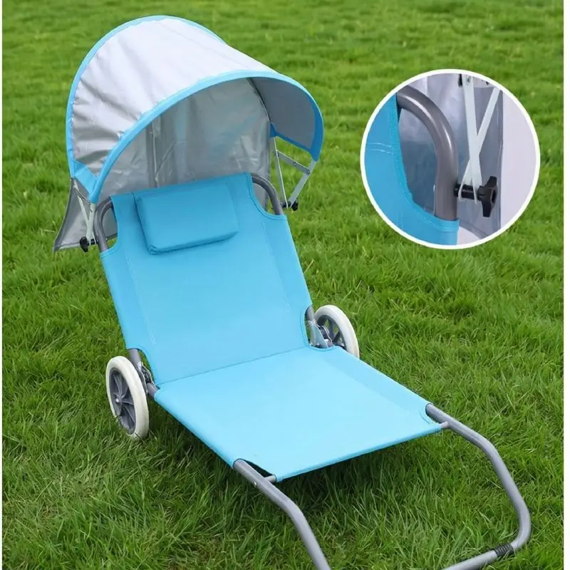 Outdoor Camping 2-in-1 Convertible Folding Beach Lounge Chair Portable Rolling Cart Trolley With Wheels Canopy Sun Shade
