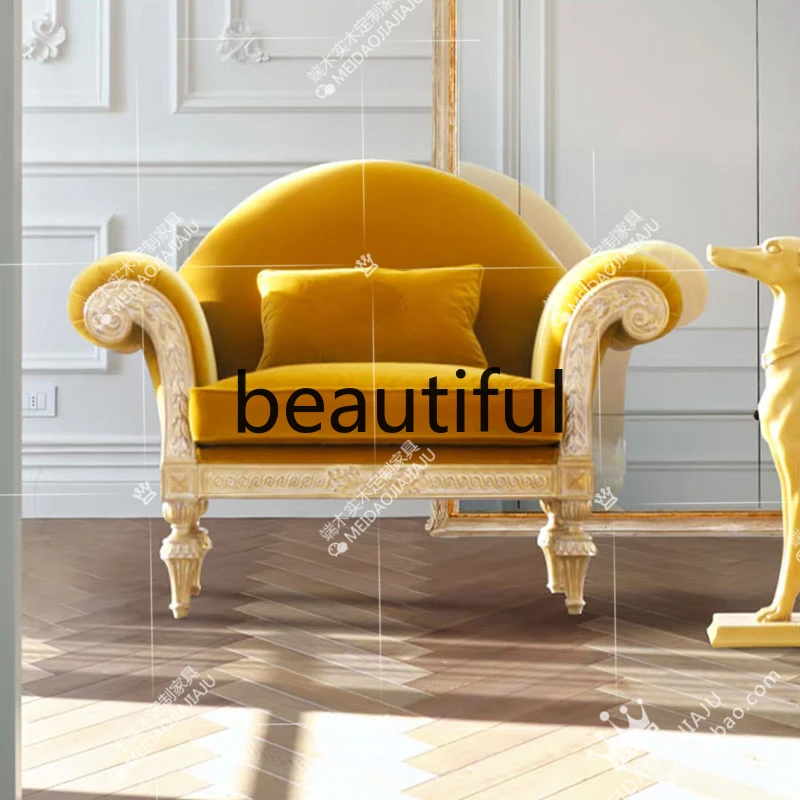 

French solid wood carving flower single and double three-person sofa, living room small apartment leisure sofa