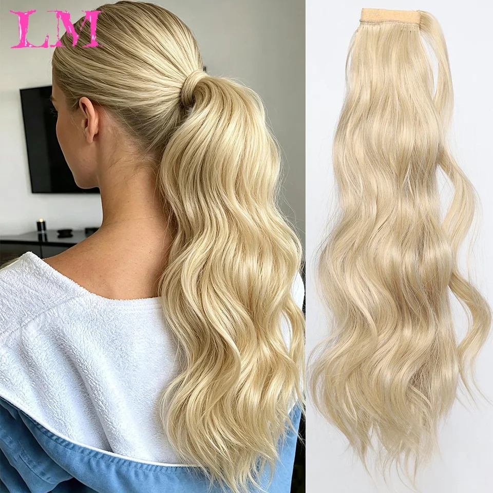 LM Synthetic Hair 18Inch Long Curly Ponytail Wrap Around Ponytail Clip in Hair Extensions Heat Reistan Black Hairpiece Headwear