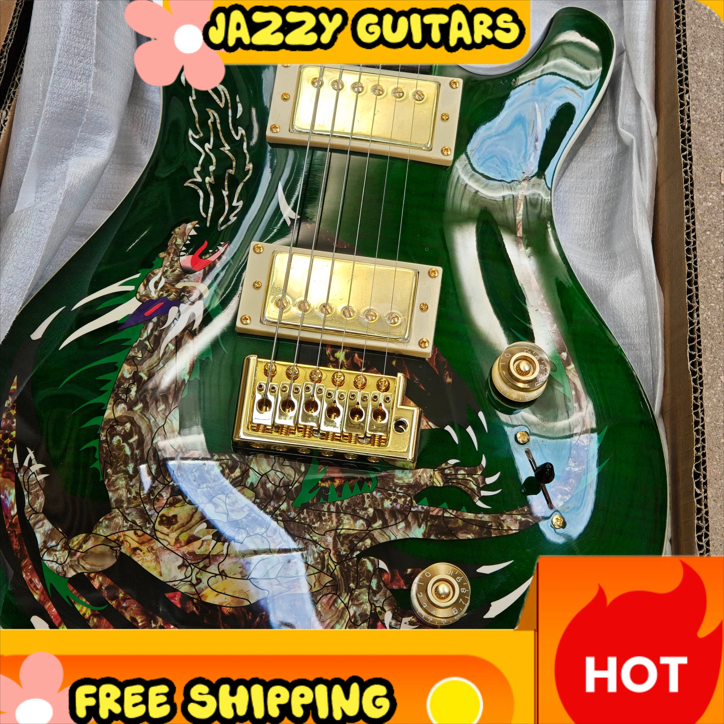 Green Dragon Inlaid PRSAS E-Gitarre mit HH-Tonabnehmern, goldene Hardware, kostenloser Versand, heiß begehrt, ideales Geschenk für Anfänger