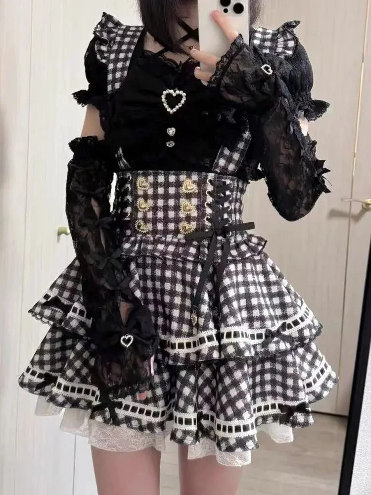 ฤดูร้อนญี่ปุ่นGothic Y2k Lolitaชุดโบว์ชุดผู้หญิงวินเทจหวานลูกไม้Rufflesลายสก๊อตชุดY2k Slim Party Mini Dress