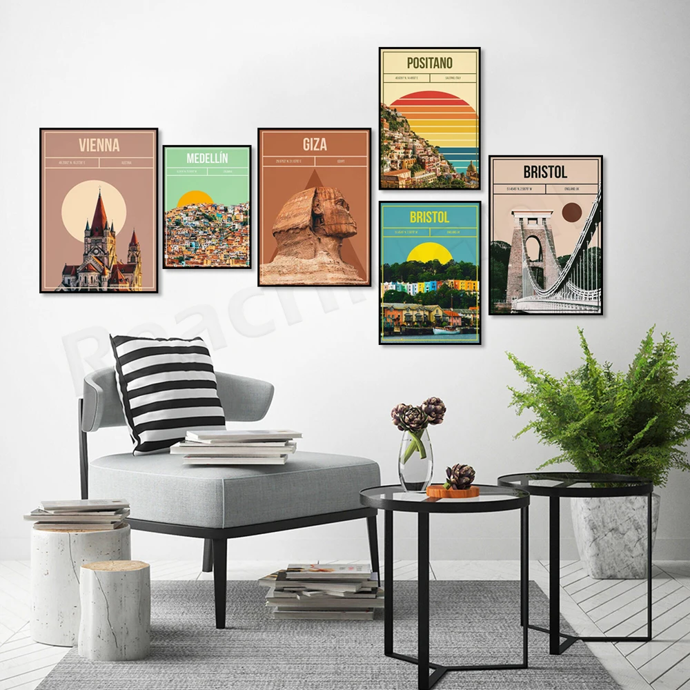 Madrid, Iceland, Florence, Positano, Vienna, Bristol, England, Brussels, Medellin, Bristol, Giza, Chichen Itza travel poster