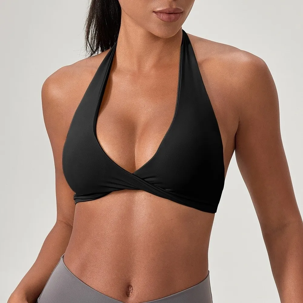 Quick Dry Sports Bra Breathable Skin-friendly Yoga Top Halter Backless Design Removable Padded Push Up Bra for Yoga Practice