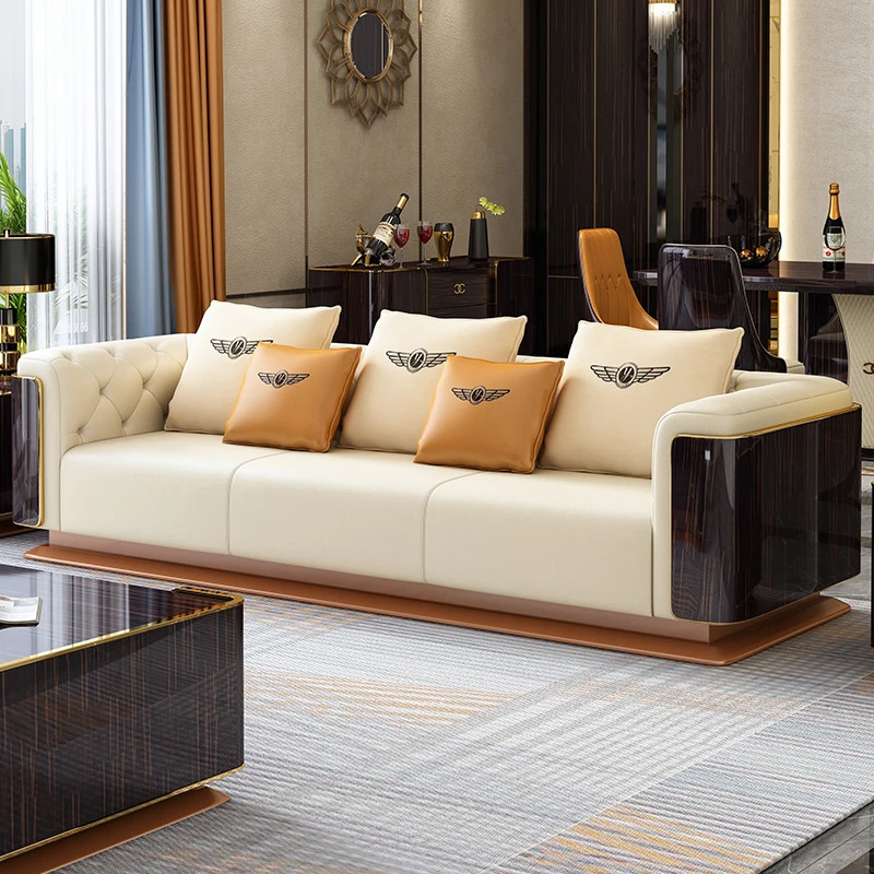 مجموعة وحدات إيطالية من الجلد الفاخر أريكة فيلا غرفة المعيشة المنزلية طقم أريكة الأثاث #4