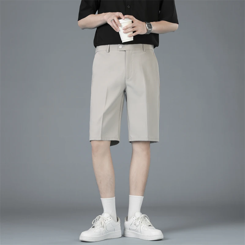 2024 New Korean Style Trendy Summer Solid Color Men\'s Pockets Suit Shorts Fashion Casual Versatile Loose Straight Knit Length