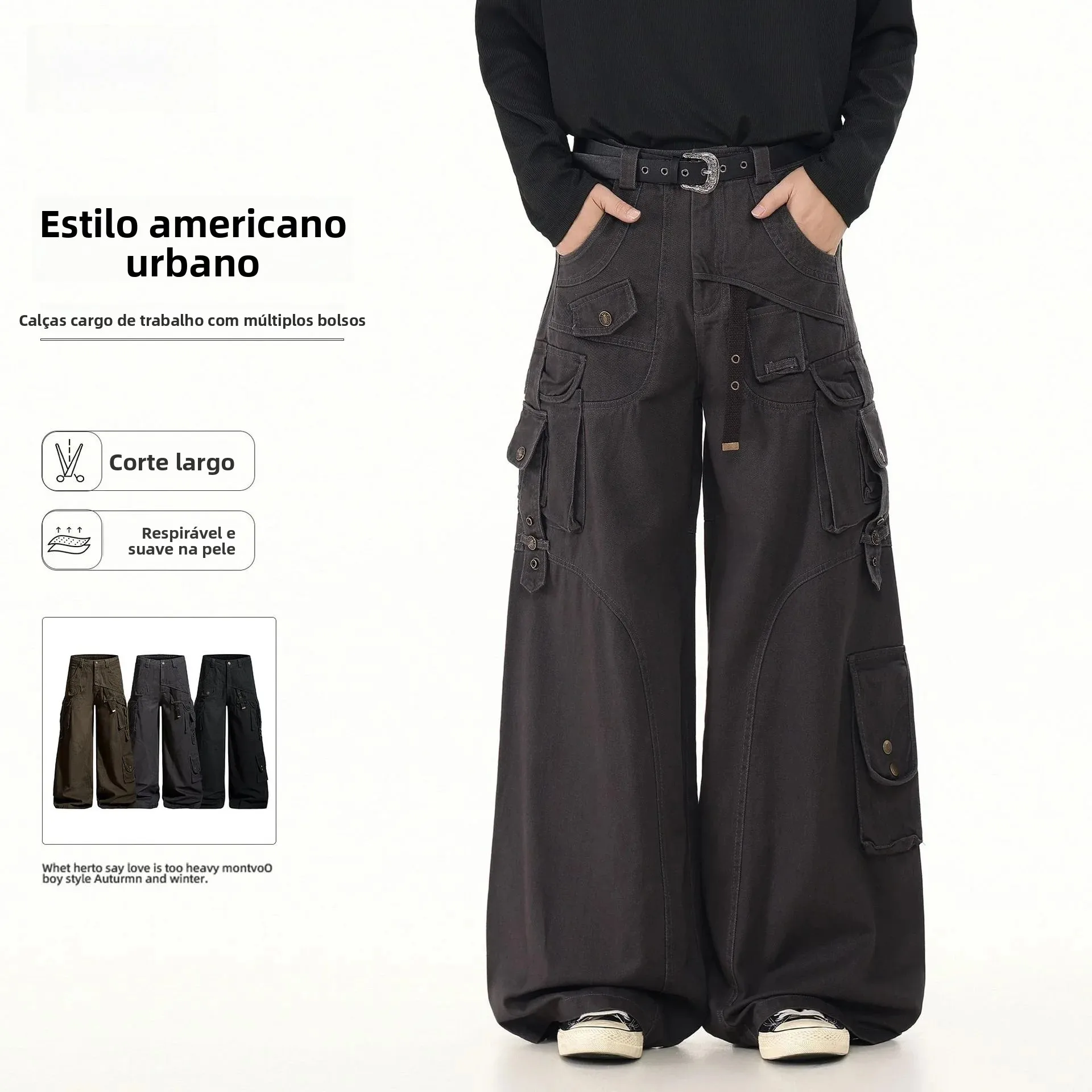 Calças de Trabalho Retro Americanas Oreeta, Largas e Soltas, Estilo Casual para Homens e Mulheres, Jeans com Múltiplos Bolsos