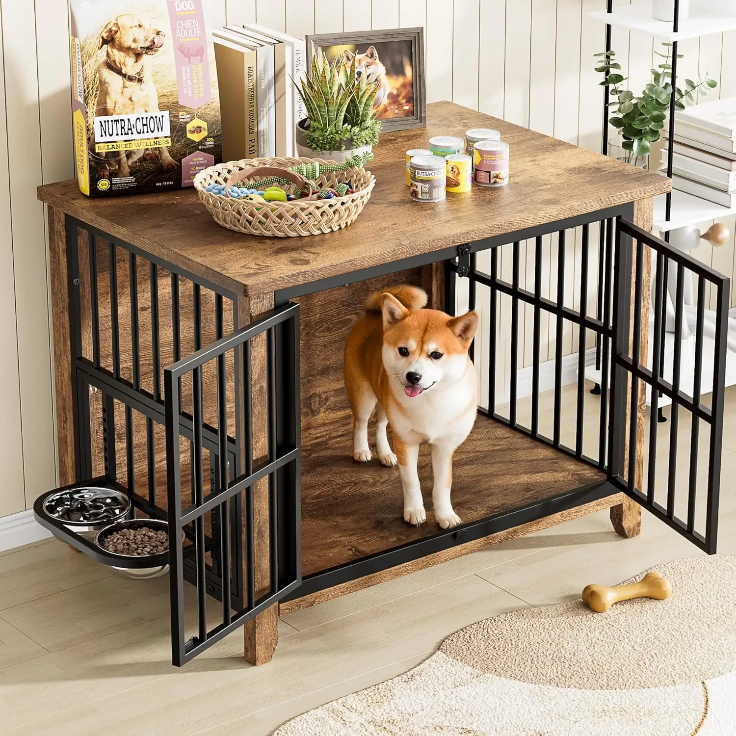 أثاث صندوق الكلاب، بيت كلب خشبي داخلي مع 360 درجة قابلة للتعديل ° وأطباق ارتفاع الكلاب، نهاية صناديق الكلاب والأثاث ذات الأبواب المزدوجة