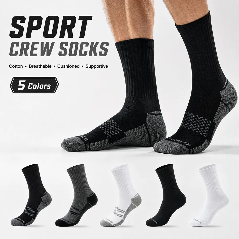 10 pairs Men Sport Crew Mid‑Calf Socks Cotton Cushioned Breathable Athletic Socks Sweat‑Absorbent Support Socks For Running Gym