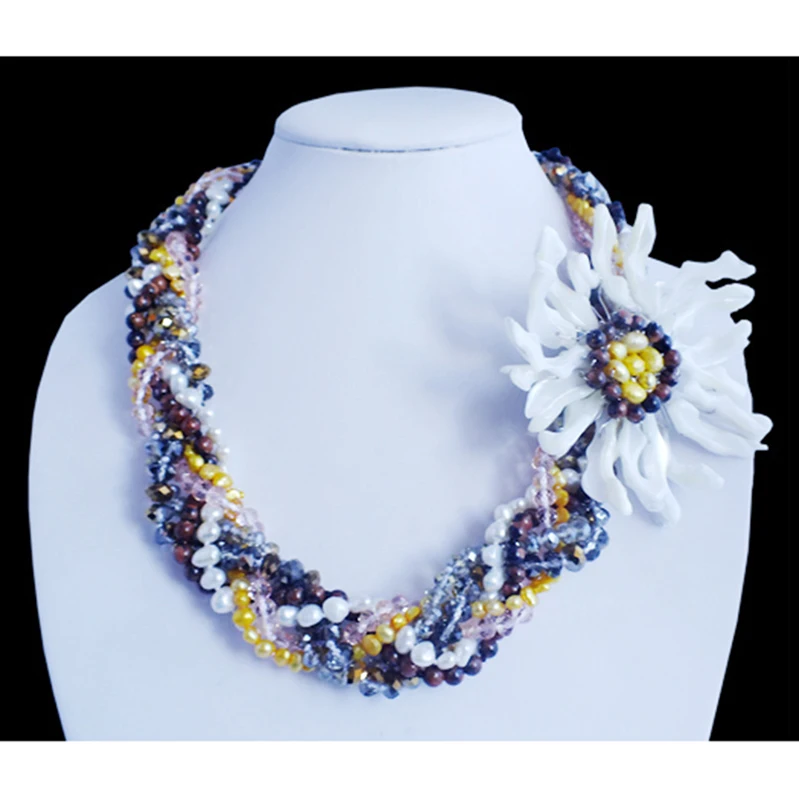 لؤلؤ طبيعي/كريستال/قشرة. نسج أجمل قلادة الزهرة 20" #2