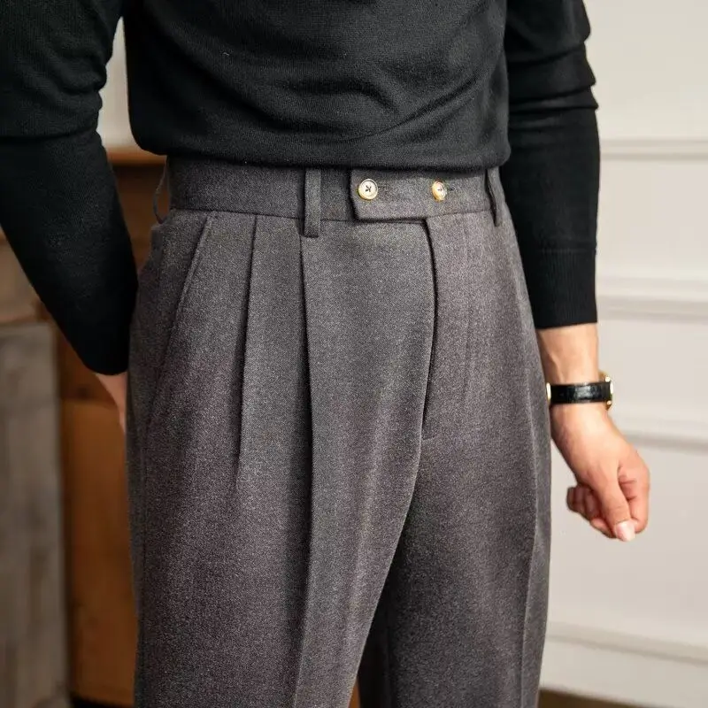 

Casual High Waist Suit Pants Men Summer Business Paris Button Straight Versatile Pants Naples Drape Free Ironing Trousers
