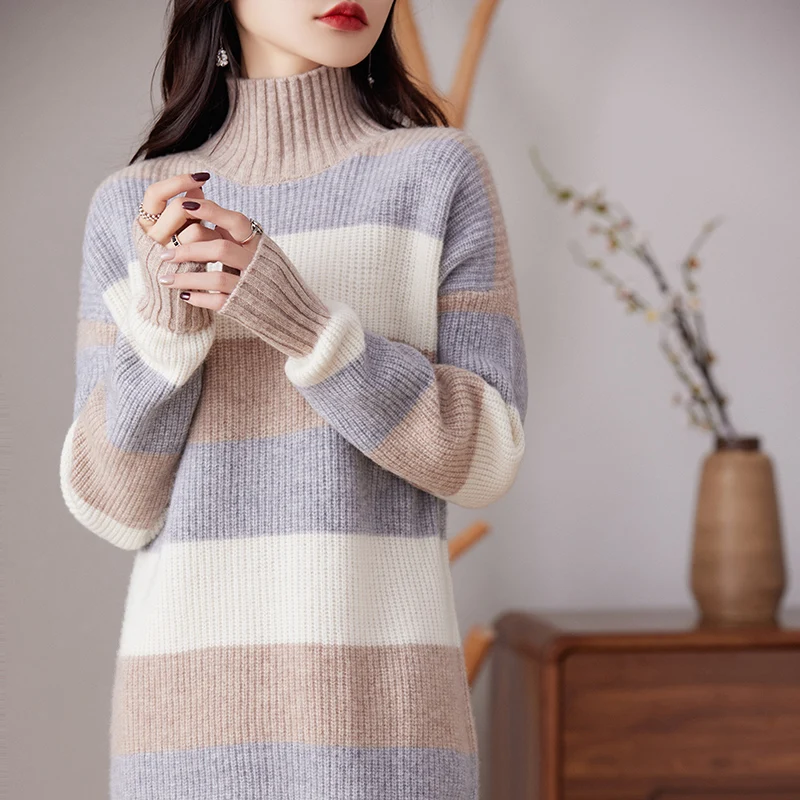 

100% Merino Wool Fashion Dress Half-turtleneck Dress Women Long Sleeves Clothing Comfortable Simple Stripe Leisure Dress