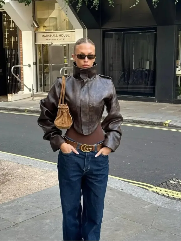 

OFTBUY Faux Leather Jacket Zipper Buckle Coat Solid Waist Cinching Leather Jacket Women Stand Collar Full Sleeve Leather Jacket