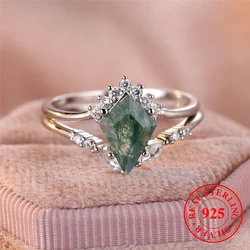 Cute Female 2pcs Geometric Agate Stone Ring Set Vintage Real 925 Sterling Silver Wedding Jewelry For Women