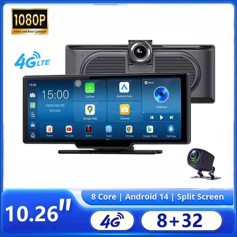 10.26 אינץ '4G רכב DVR 8G + 32G Carplay אוטומטי GPS ניווט לוח מחוונים FHD עדשה כפולה Android 14 מקליט מראה אחורית Dashcam