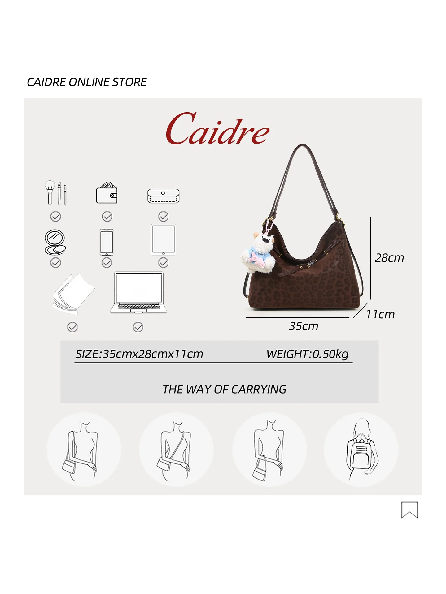 Caidre Retro Leopard Print Tote Bag Large Capacity Commuter Women's Bag Single Shoulder Crossbody Bag Double Shoulder Bag