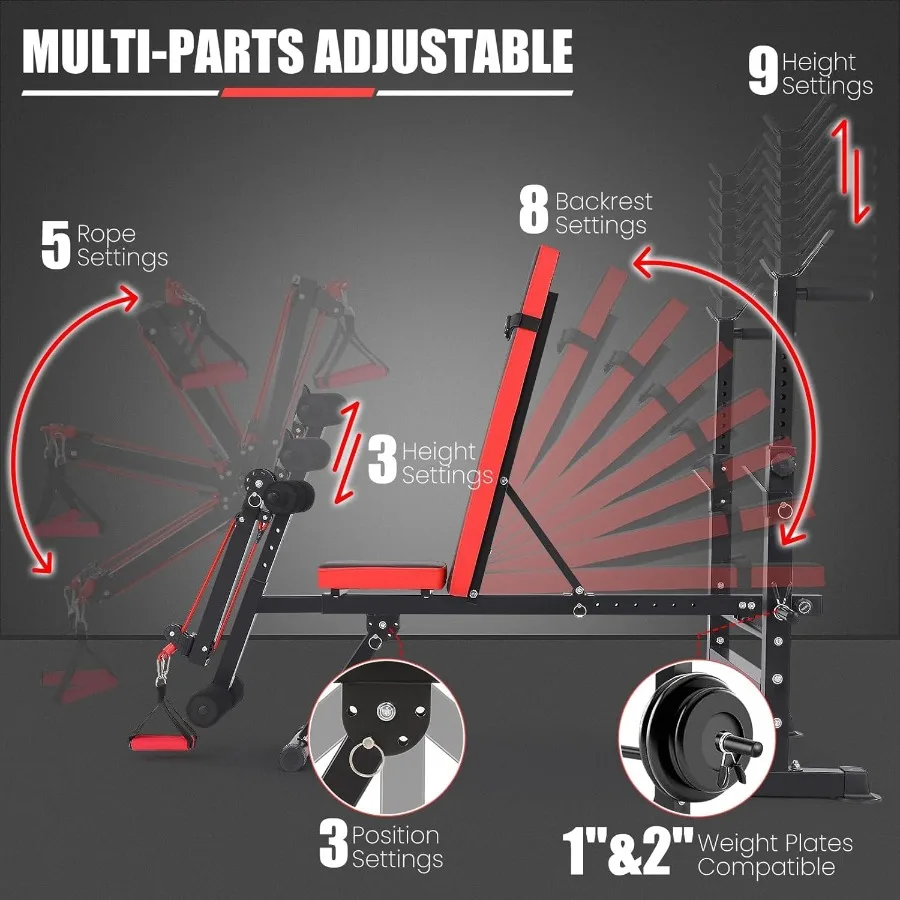 900 LBS Weight Bench Set with Squat Rack Adjustable Flat/Incline/Decline Bench Press Set with Leg Extension and Leg Curl Foldab