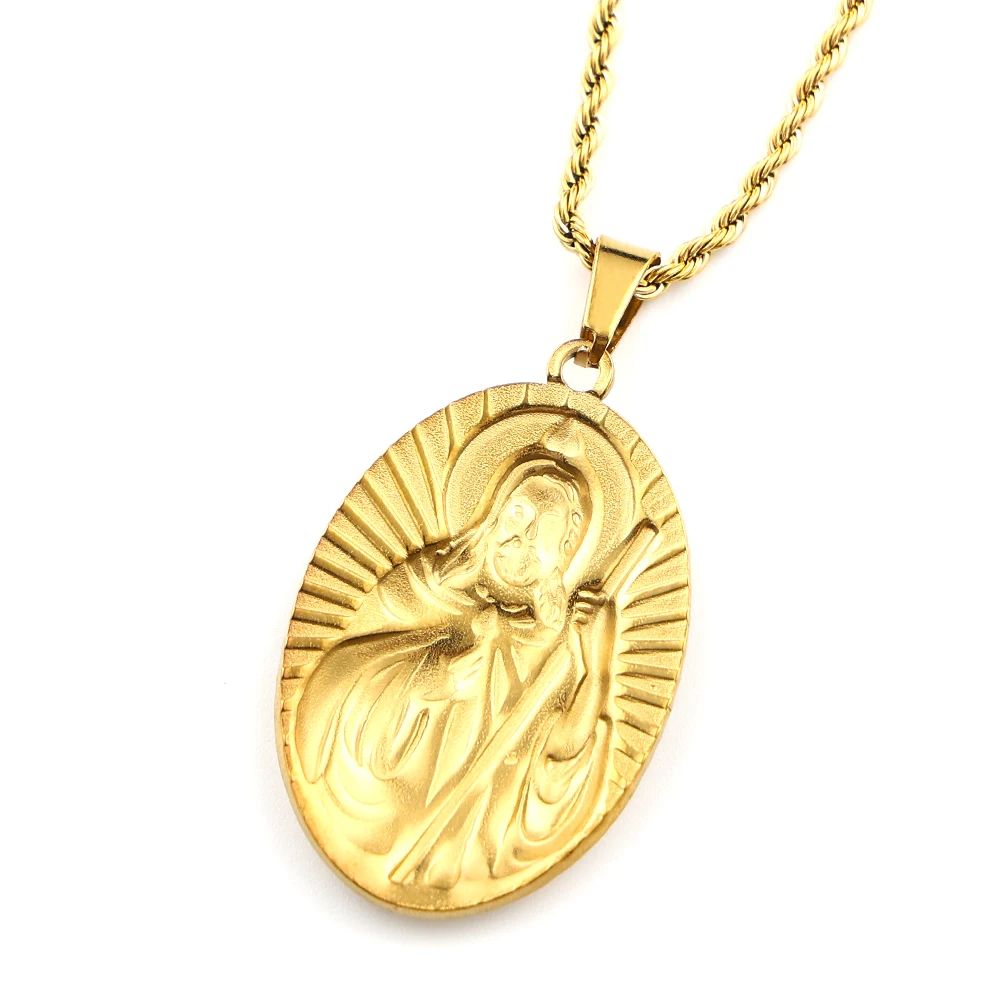Catholic San Judas Tadeo Oval Medal Pendant Necklace Stainless Steel Gold Color Saint Jude Thaddeus Chain Amulet Jewelry Gift