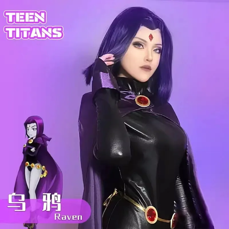 New Teen Titans Super Hero Raven Cosplay Costume Women Black Bodysuit Purple Hooded Cloak Jumpsuits Halloween Party Costume
