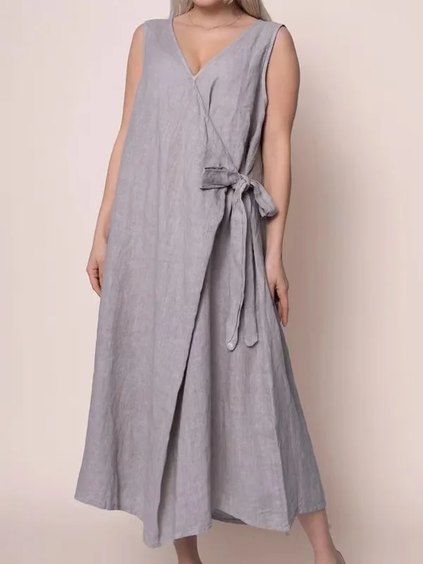 

Loose Cotton Linen Dress For Women Fashion V-neck Sleeveless Irregular Lace Up Big Hem A-line Midi Dresses Summer New Style