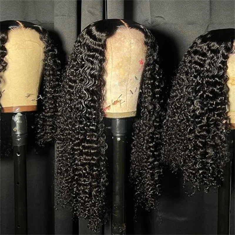 Soft 26inch Natural Black Glueless 180Density Long Kinky Curly Deep Lace Front Wig For Women With Baby Hair Preplucked Daily