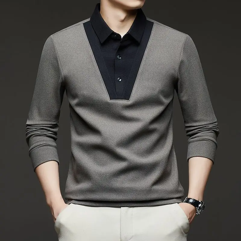 Men's Wool Silk Blend Fake Two Piece Polo Shirt Long Sleeve Turtleneck Base Layer Fall Winter Casual Tops
