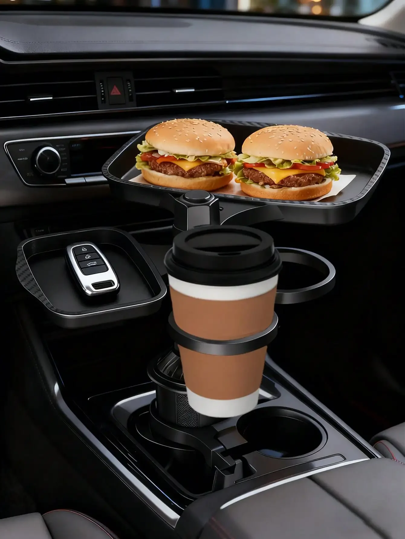 Suporte para Copos de Carro 3 em 1 Destacável - Mesa de Comida Expansível com 360 Graus °   Design Rotativo, Base Robusta para Longas Viagens, Bandeja de Mesa