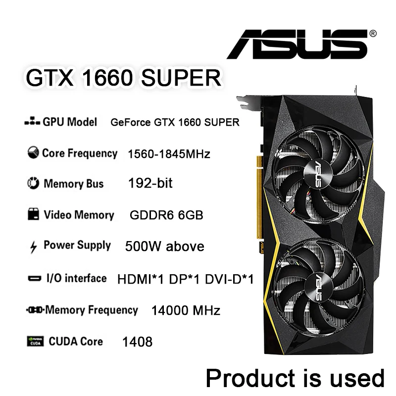 Used ASUS Graphics card GeForce GTX 1660S 1660 SUPER 6G NVIDIA GAMING 12nm 14000 MHz GDDR6 192bit Support AMD Intel Desktop CPU