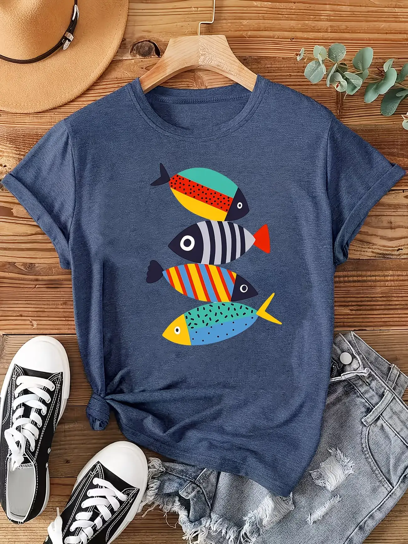 

Plus size women's short sleeve T-shirt Colorful Fish Stack Design soft and comfortable fabric summer outfits women's clothing