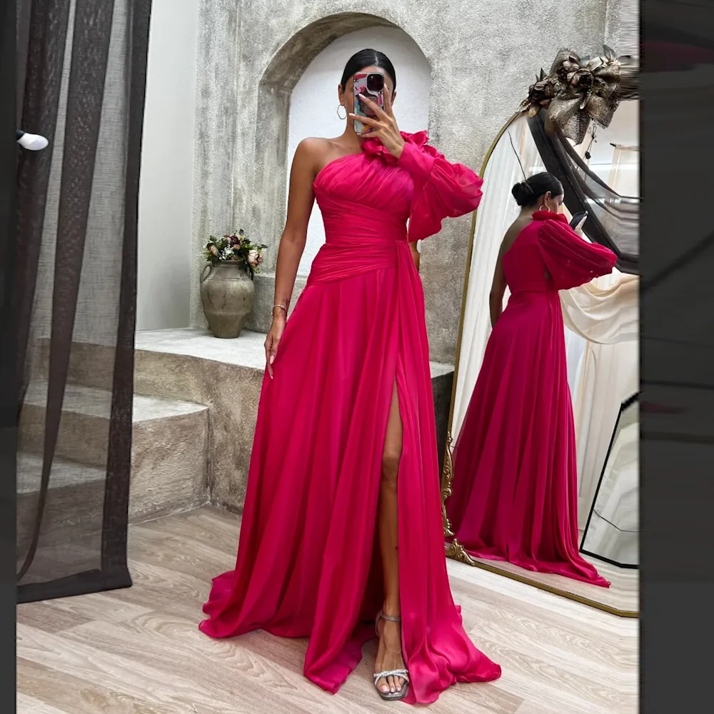 

ROSELLA Pink One Shoulder Women Evening Party Dresses 3D Flowers A Line Floor Length High Split New 2023 فساتين للحفلات الراقصة