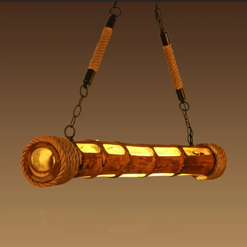 90 ซม.ธรรมชาติหวายไม้ไผ่ Nordic Retro Loft สไตล์ไฟ LED จี้สร้างสรรค์แกะสลักแขวนโคมไฟ Lamparas Colgantes