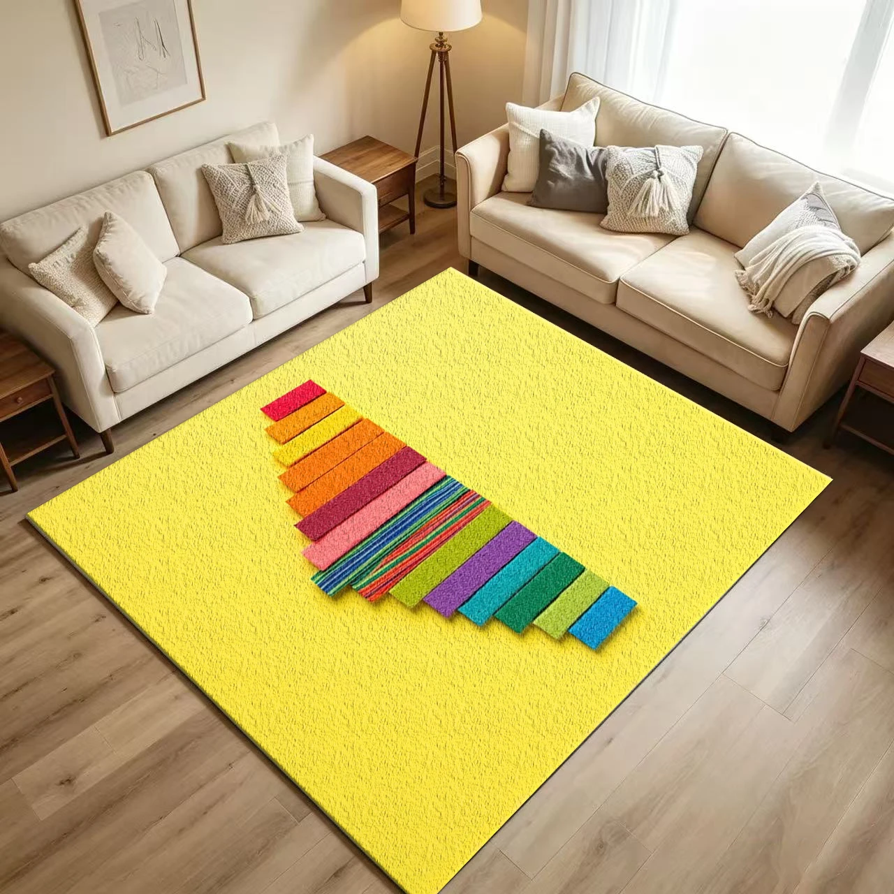 Rainbow Color Wood Block Art Carpet Flooring Modern Bright Floor Decor Rug