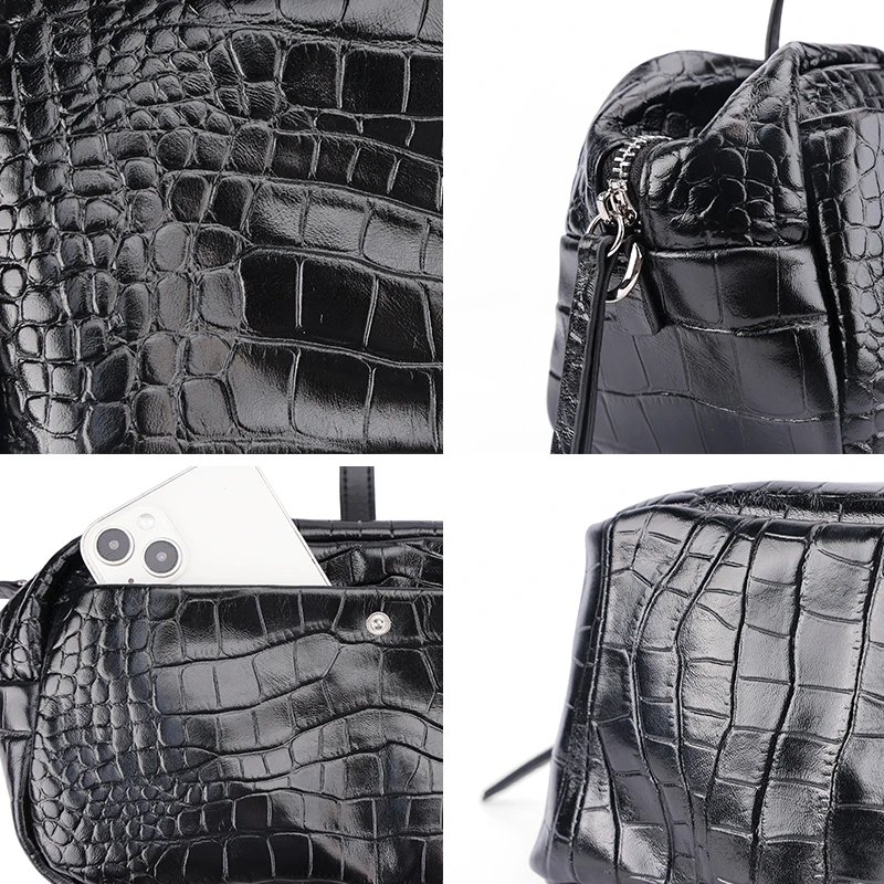 Vintage Crocodile Embossed Genuine Leather Handbag for Women Retro Boston Pillow Shoulder Bag Multi-pocket Crossbody Bag 2026New