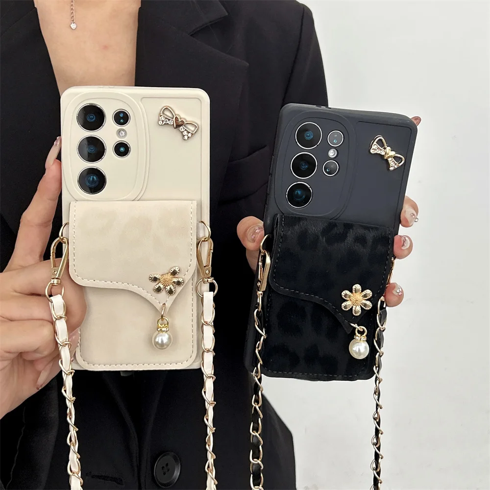 Floral Charm Card Holder Phone Case for S26 Ultra Y2K Leopard Print Wallet Crossbody Strap Cover for Samsung Galaxy S25 S24 A56
