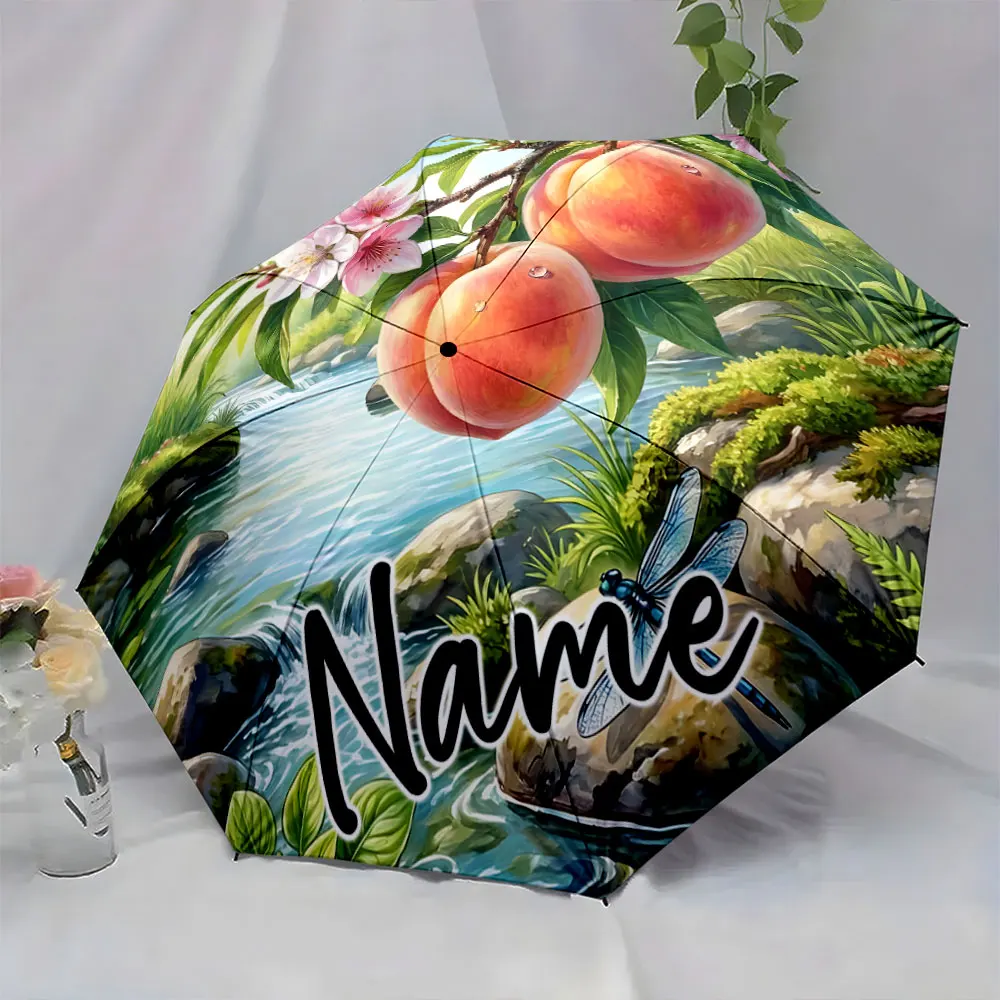 Custom Name Nature-Themed Umbrella with Peaches and Blossoms Print 8 Iron Ribs Folding Umbrella Auto-Open Fashion Sunshade