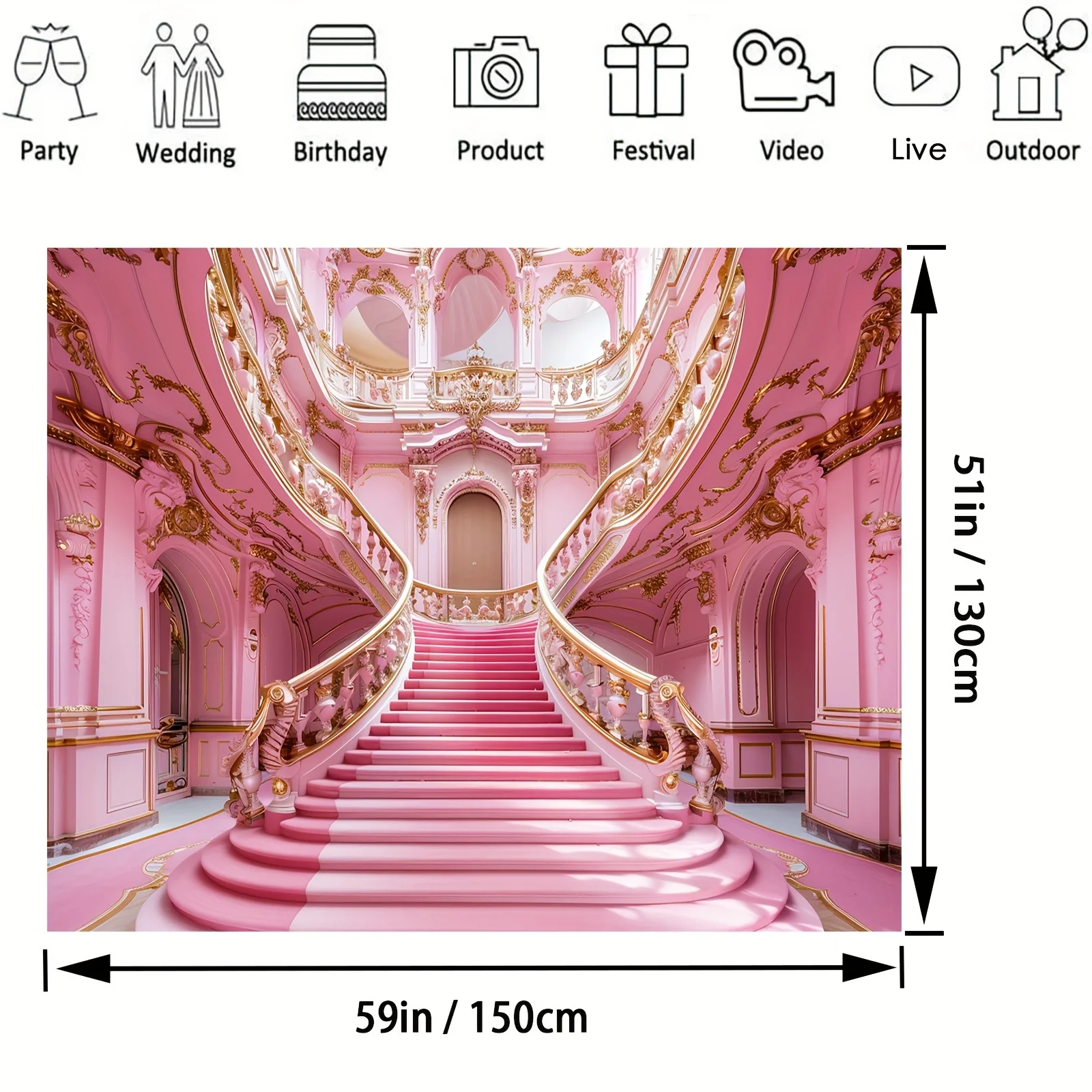 Multi-functional pink Castle Staircase photo backdrop - ideal for birthdays, weddings, bridal showers and parties