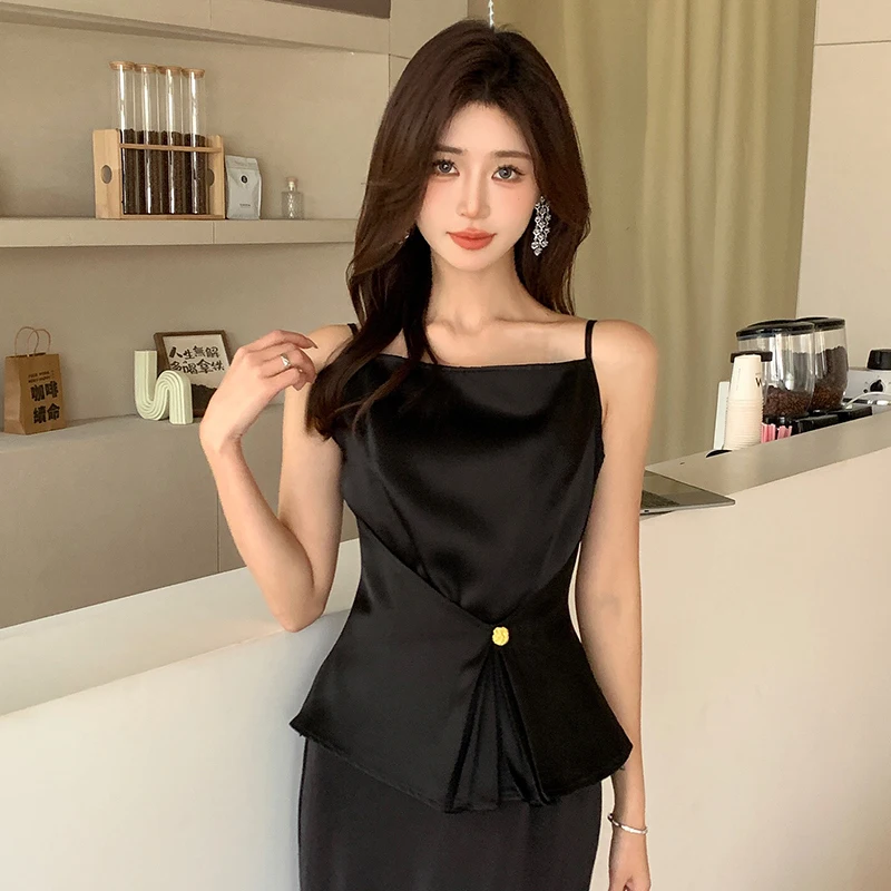 Korejpaa Korean Fashion Camis Women Clothing French Style Slim Waist Black Tank Top Slimming Versatile Sleeveless Ropa Mujer