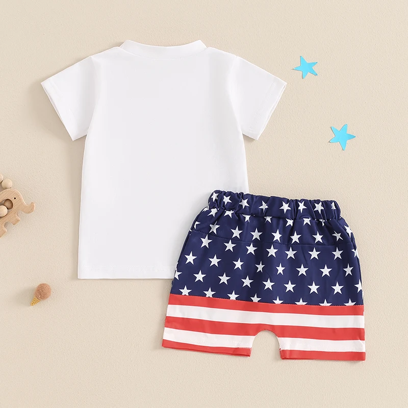 2024-04-03 lioraitiin 0-3Y Baby Boys 4th of July Outfits Summer Letter Short Sleeves T-Shirt and Elastic Star Stripe Shorts Set