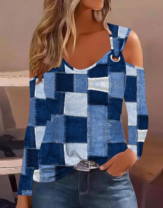 

Fashion Woman Blouse 2023 Spring Denim Look Print Cold Shoulder Eyelet Casual Long Sleeve Daily T-Shirt Top Y2K Clothes