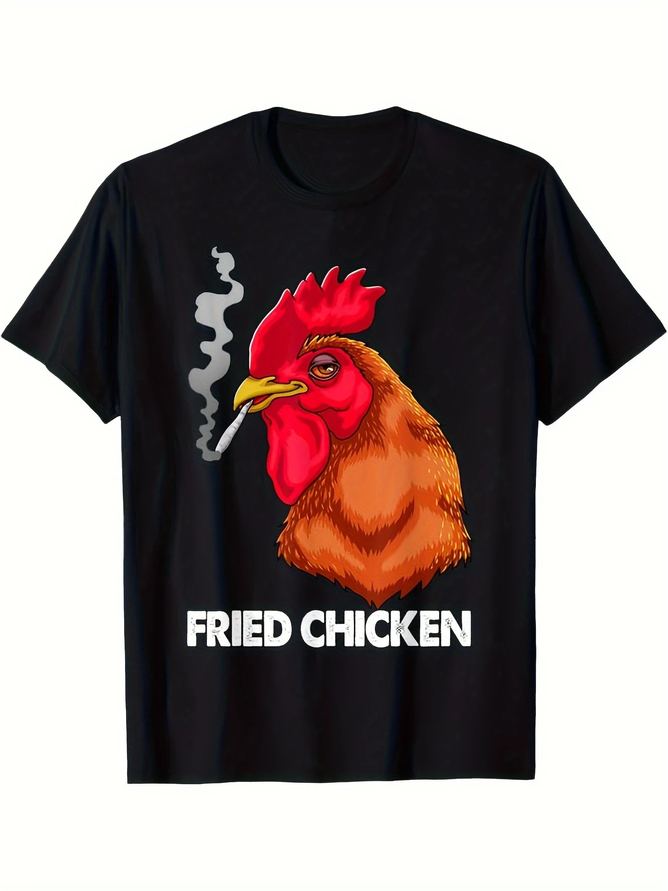 

1Pc Black Humorous Fried Chicken Graphic T-Shirt Soft 100% Cotton Short Sleeve Tee with Cartoon Rooster & Fried Chicken Print Pre