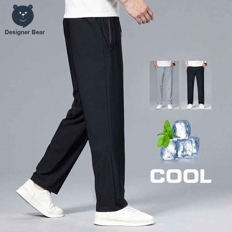 High Stretch Summer Thin Men's Casual Pants Pocket Zipper Cool Experience Straight Sweatpants Work Trousers Male Plus Size M-6XL