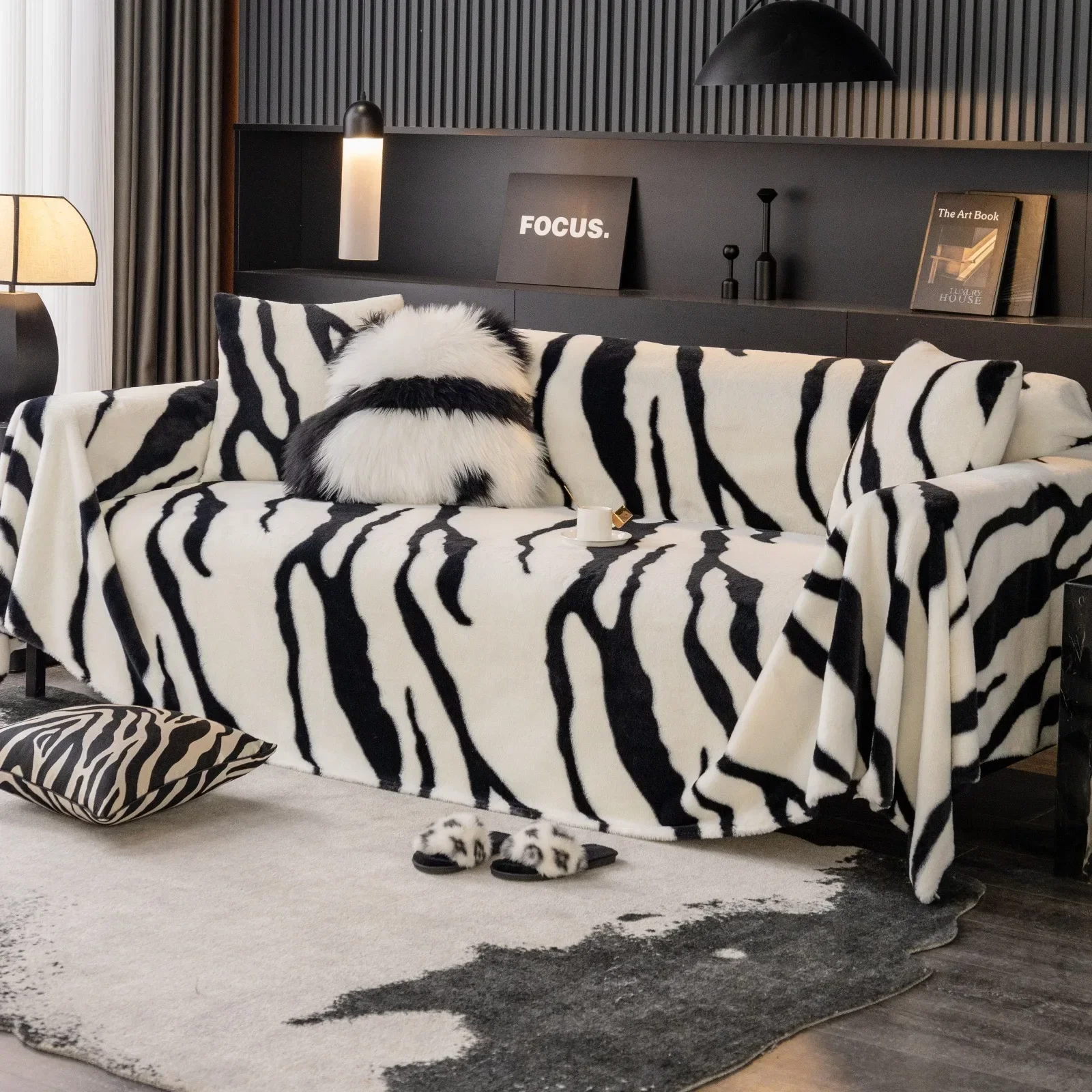 Zebra Print Sofa Knitted Cover Blanket Half Side Velvet Nap Plush Blanket Bed Decoration Bed End Towel Soft Plush Blanket