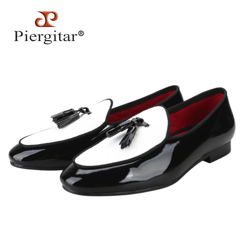 Piergitar New Model Black Patent Leather Patchwork White Canva Men's Loafers Handmade Tassels Slip-On Slippers For Party/Wedding