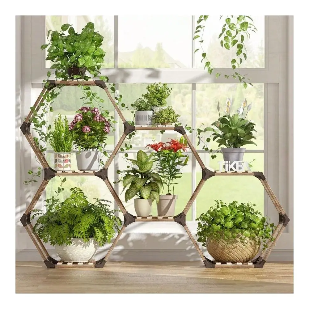

Подставка для растений для дома и улицы, шестиугольная, для нескольких растений, большая деревянная многоярусная полка для цветов, стеллаж Livi