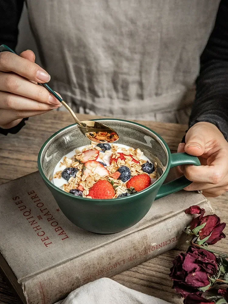 Alley tail [super durable ice-cracked glaze breakfast cup] Retro dark green oatmeal cup large ceramic cup None