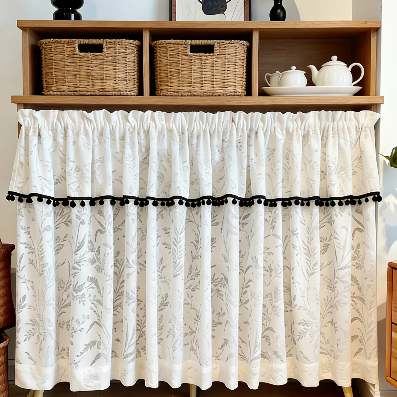 1pc Hollow Leaf Double Curtain | French Elegant Decor, Black Pom-Pom Trim, Fan Pleat Tape,  for Kitchen, Cabinet, Bookshelf