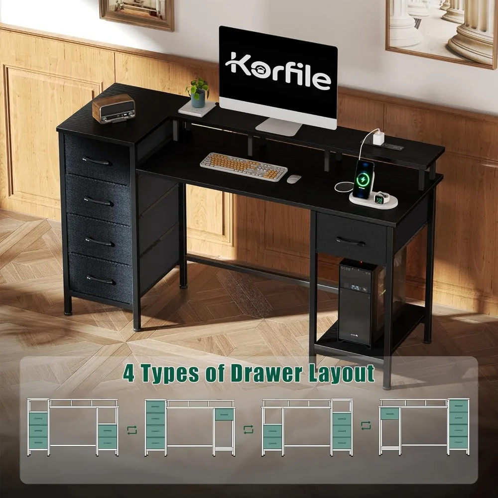 Bureau de jeu 55 pouces avec prises de courant, lumières LED, bureau de bureau réversible avec tiroirs en tissu réglables pour le travail