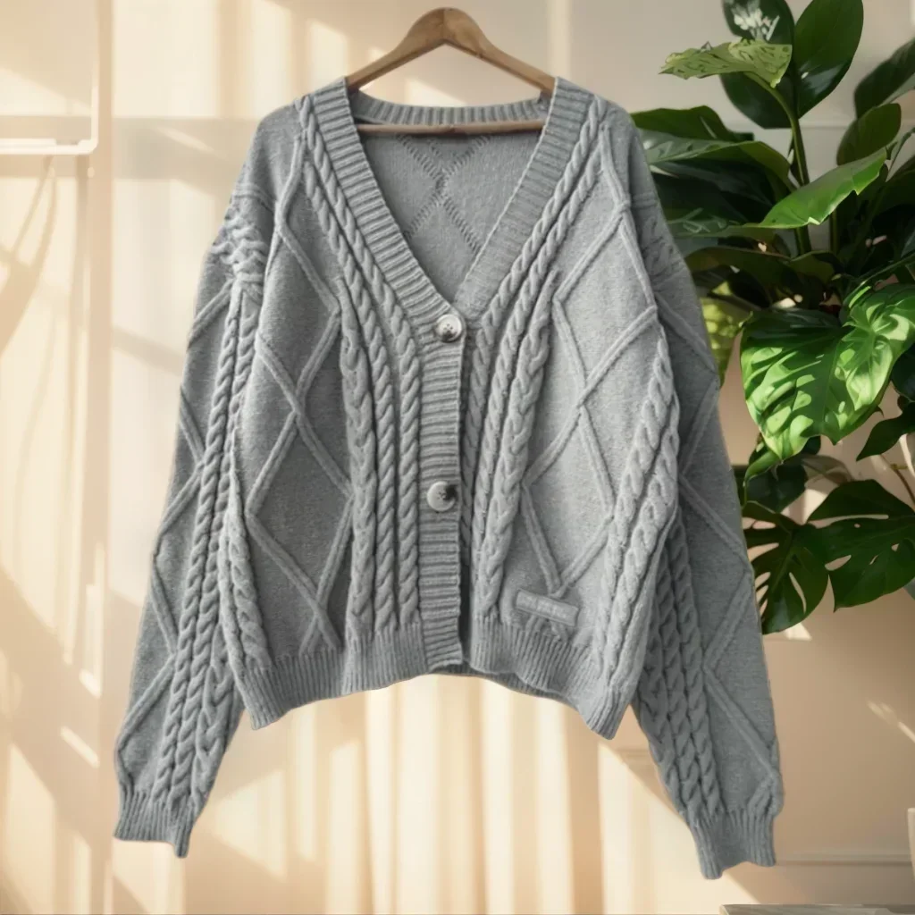 2024 Herbst warm gestrickt V-Ausschnitt Langarm Damen Grey Cardigans Mantel Größe S-3XL Mode solide lässig Grey Tops Pullover Frauen