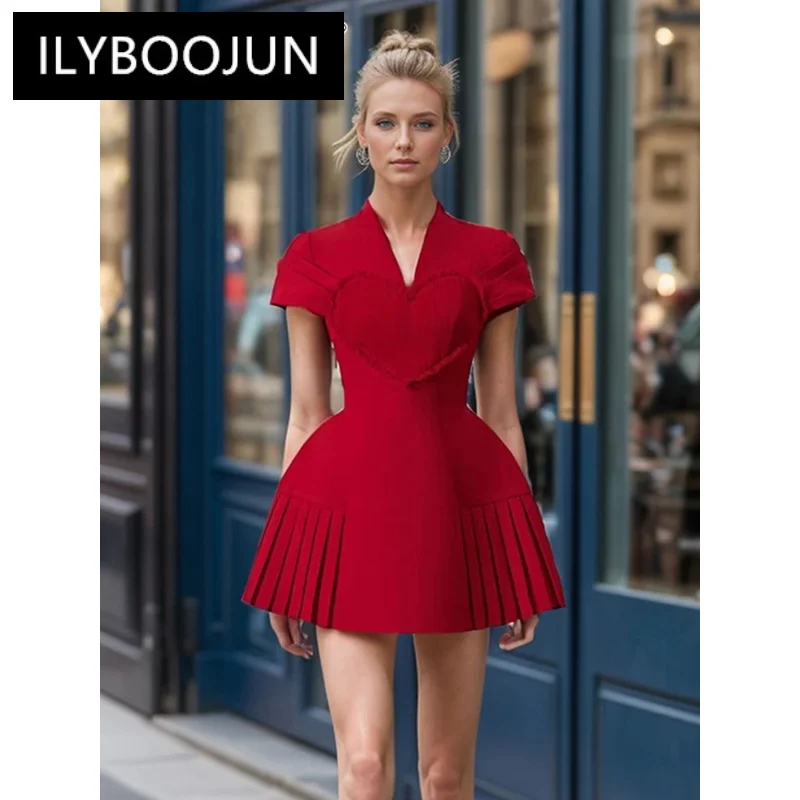 

ILYBOOJUN Solid Spliced Folds Elegant Mini Dresses For Women V Neck Short Sleeve High Waist Temperament Dress Female Clothes