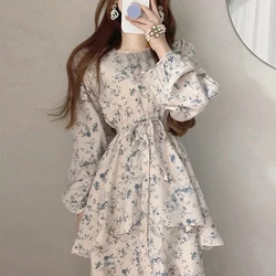 Bohemian Floral Print Dresses Women Fashion Korean Puff Sleeve Midi Dress Elegant Belted Layered Ruffled Hem Vestidos